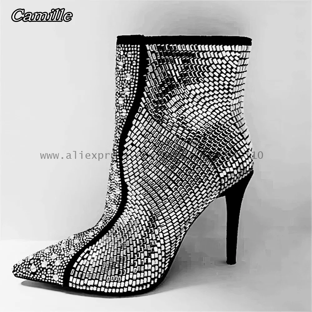 

Starry Rhinestone Stiletto High-heeled Fashion Show Boots Autumn New Fashion Casual Mid Calf Boots Pointed Toe Sexy Lady Boots