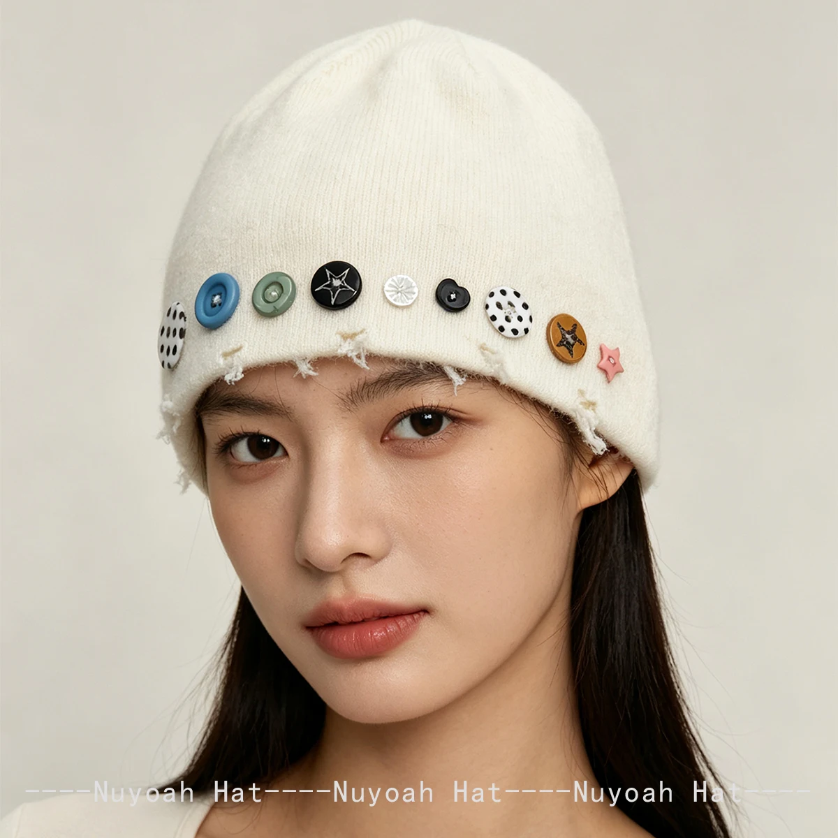 New Men Women Korean Retro Colorful Buttons Knitted Hats Warm Personal Versatile Niche Beanies Simple Fashion Broken Edge Ins 5