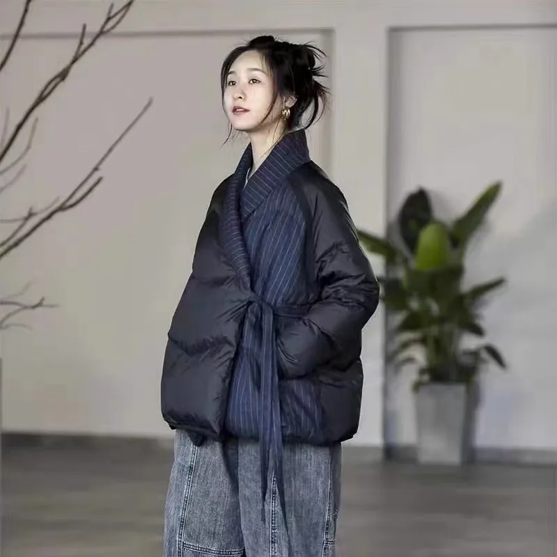 ヴィンテージシックなパッチワークレディースダウンジャケット軽量ダウンジャケット冬用ショートオーバーサイズダウンコート女性用パーカーカナダ風