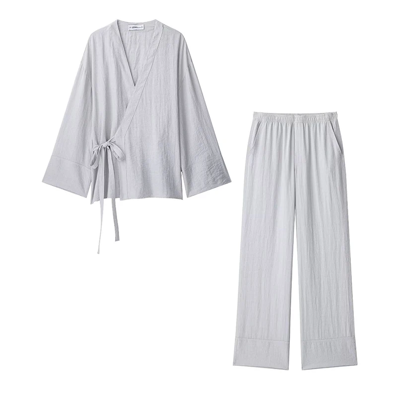 

RAFZNB Mid Waist Wide Leg Pants Sets for Women 2 Pieces Fashion Lace Up Kimono Tops Two Piece Set Women Outfits