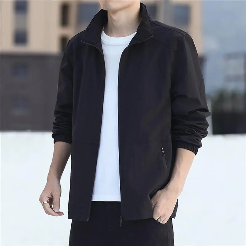 

Весенне-осенний свободный повседневный мужской тюнет, тонкая рабочая одежда, воротник-стойка, топ из полиэфирного волокна, длинная застежка-молния, без шляпы