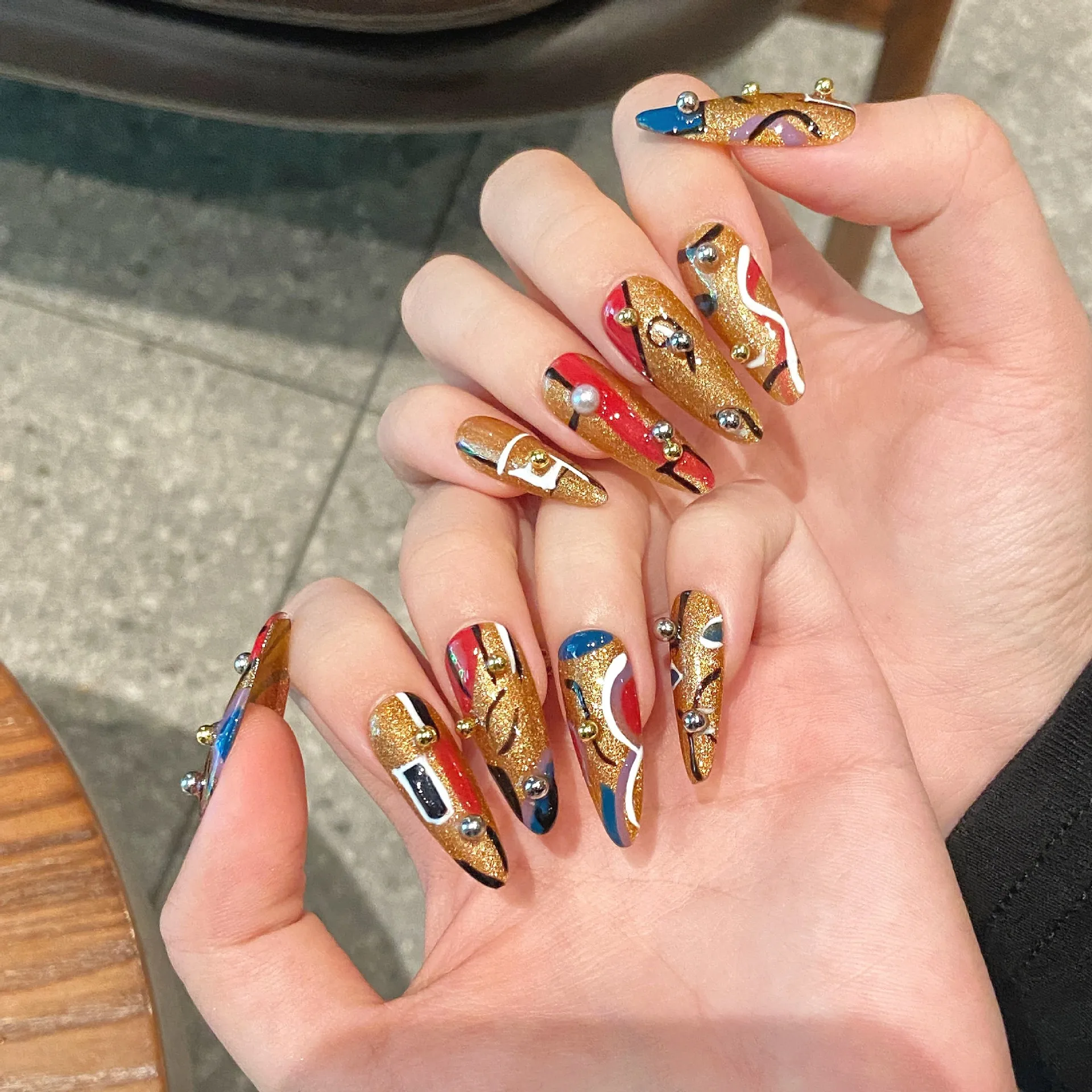 Handmade Press on Nails Vintage Egyptian Hand paint Line Fake Nail Tips Wearable Detachable Colorful Long Almond False Nail Tips