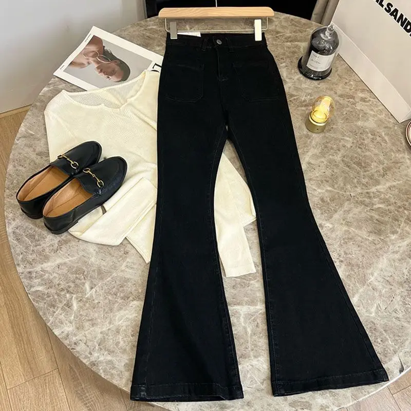 High Waist Trousers Loose Washed Jeans Pockets Slim Denim Flare Classic Women Vintage Stretch Straight Trousers All-match