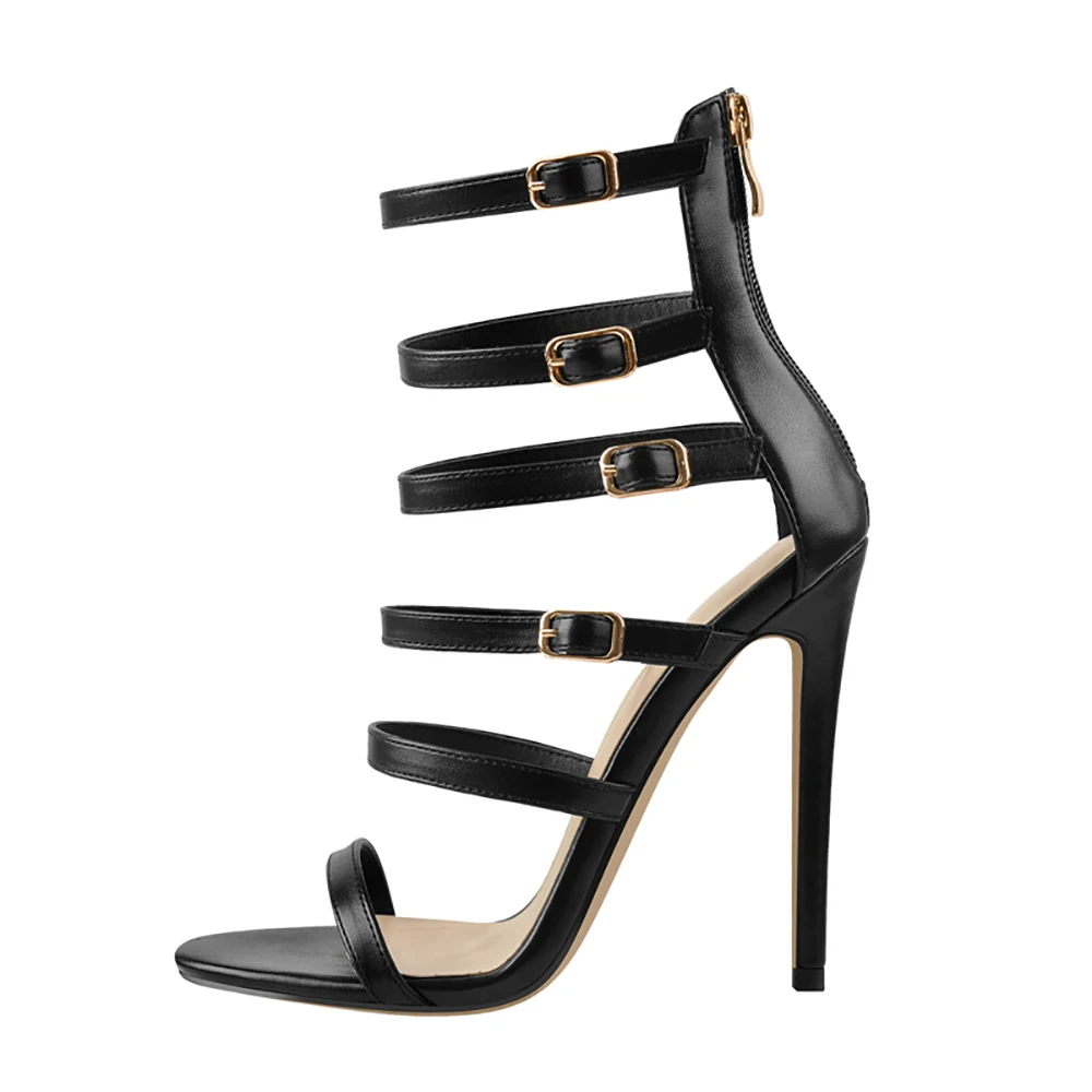Women Black Strappy High Heel Sandals Open Toe Back Zipper Stiletto Party Shoes Custom Color