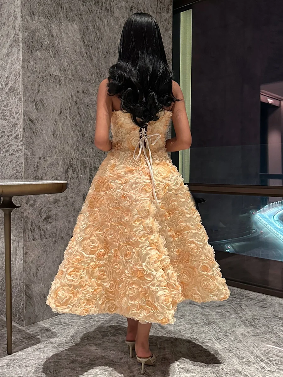 3D Flower lace Formal Occasion Dresses 2023 Yellow A-line Ball Gowns Tea-Length Strapless Evening Party Gowns فساتين الحفلات