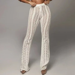 Hollow Out Knitted High Waist Sexy Women Pants Streetwear Crochet Y2k Wide Leg Pants Beach Cotton Casual Trouser Sweatpants