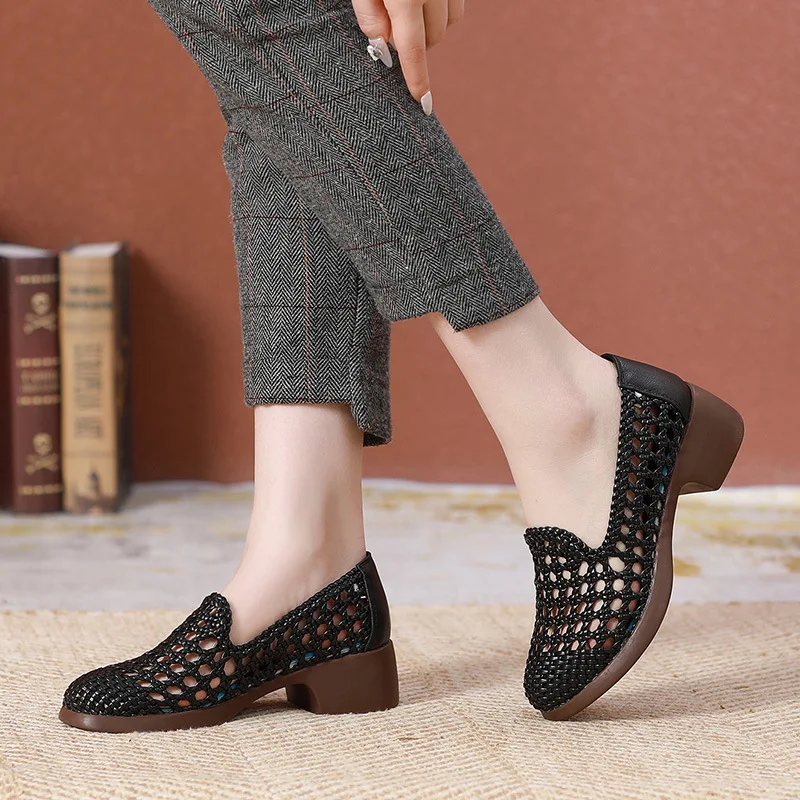 2024 Summer Hollow Woven Breathable Shoes Women Sandals Big Size Thick Heels Genuine Leather Shoes Summer Casual Sandals