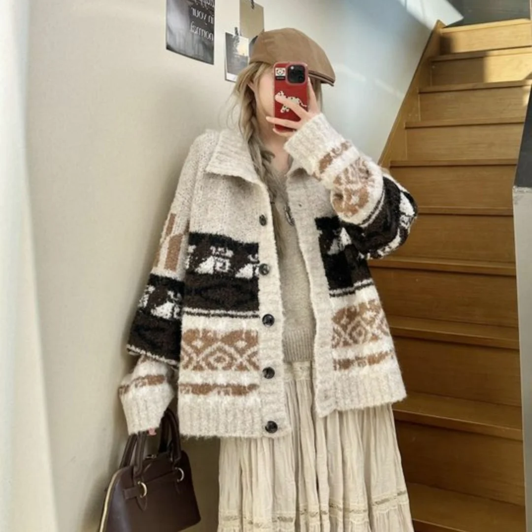 

Vintage Fair Island Jacquard Stand up Knitted Cardigan Women's Autumn/Winter European and American Loose Thick Top Warm Coat