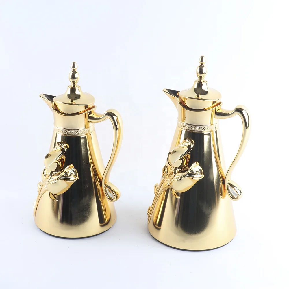 6 SETS Available Ramadan Flask Golden Flower New Design 0.7l+1.0l Arabic Style Insulated Teapot Glass Liner Coffee Thermos Flask