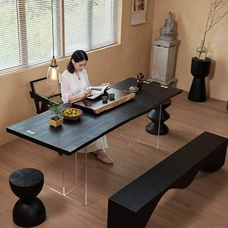 

y Современный стиль, черный дубовый прямоугольный стол, длинный квадратный черный обеденный стол из ясеня