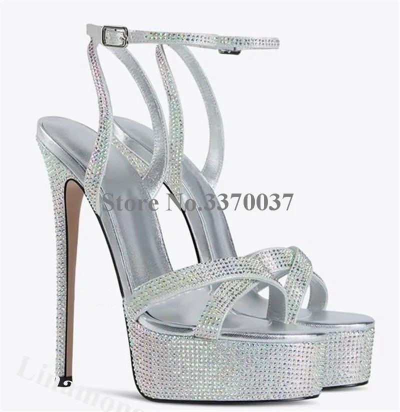 Bling Bling Rhinestones Sandals Linamong Charming Black Silver Crystals Platform Stiletto Heel Dress Shoes Wedding Party Heels