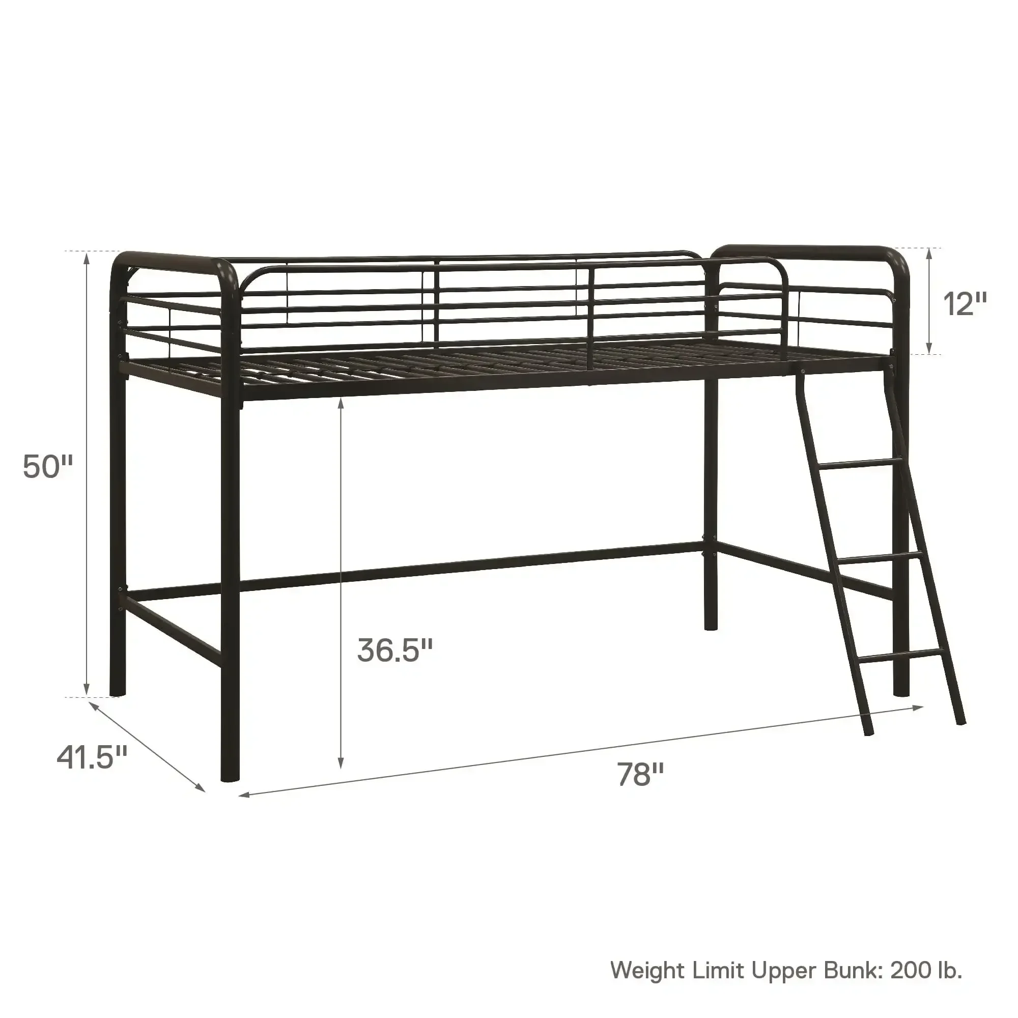 Twin Metal Loft Bed Bedroom Furniture, Weight capacity: 200 lbs, Black