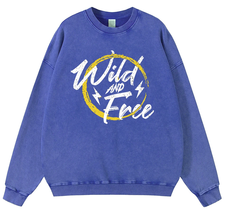 Wild And Free Design Men Vintage Washed Cotton Sweatshirt Simple Comfortable Pullover Street Soft Fleece Hipster Warm