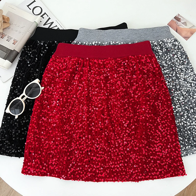 

Women Sexy Shiny Sequined Skirts Package Hip Bodycon Mini Skirts Drawstring High Waist Women Office A-line Mini Skirt