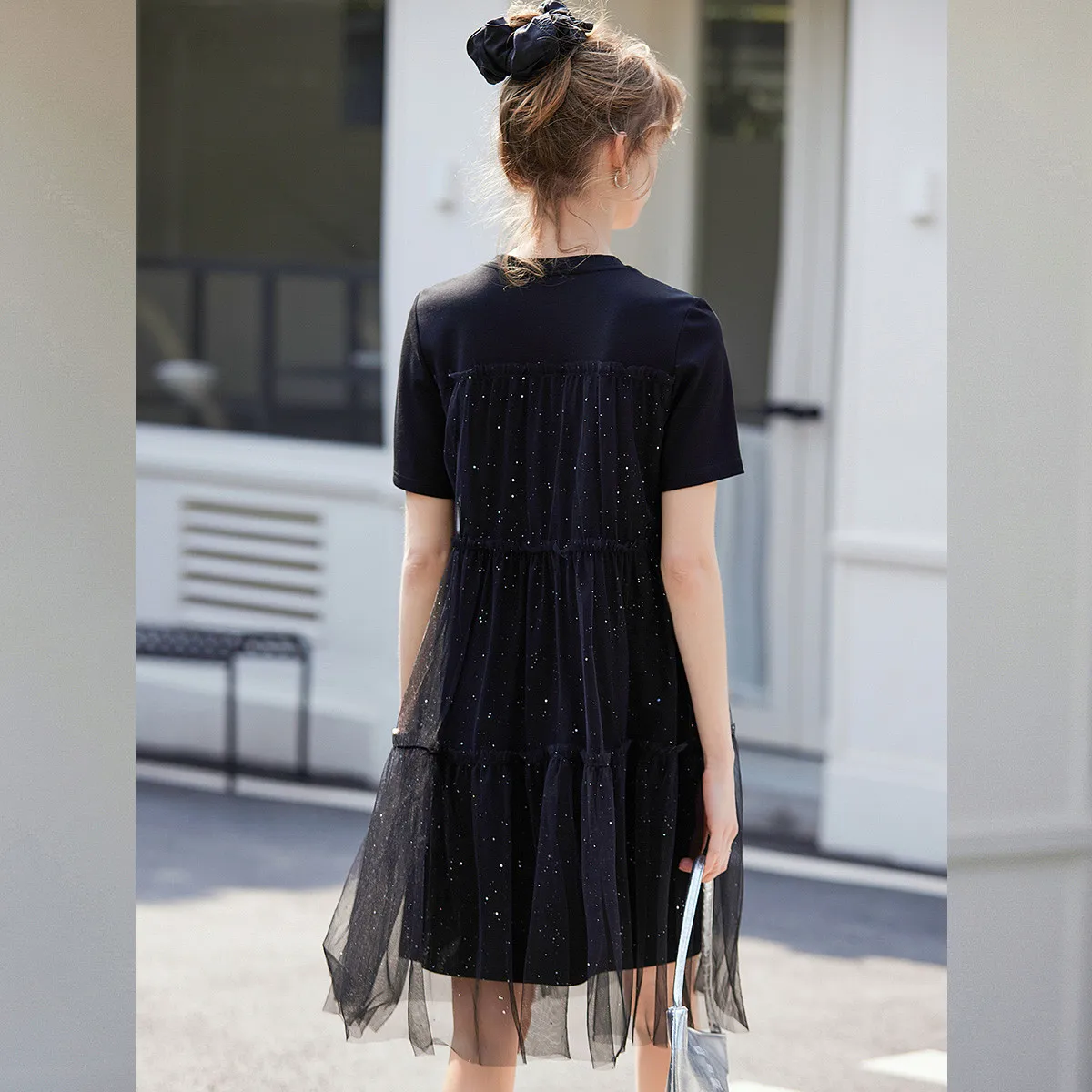 LOUIS YAO New Sparkling Mesh Splicing Women's Dress 2025 Summer Fashion Fake Two Piece T-shirt Skirt Short Sleeved Long Dress 