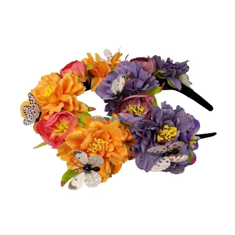 50Le Butterfly Flower Headband voor bruiloft Bruid Ethnic Mexico Haarband Cosplay Kostuum kopstuk Volwassen muziekfestival