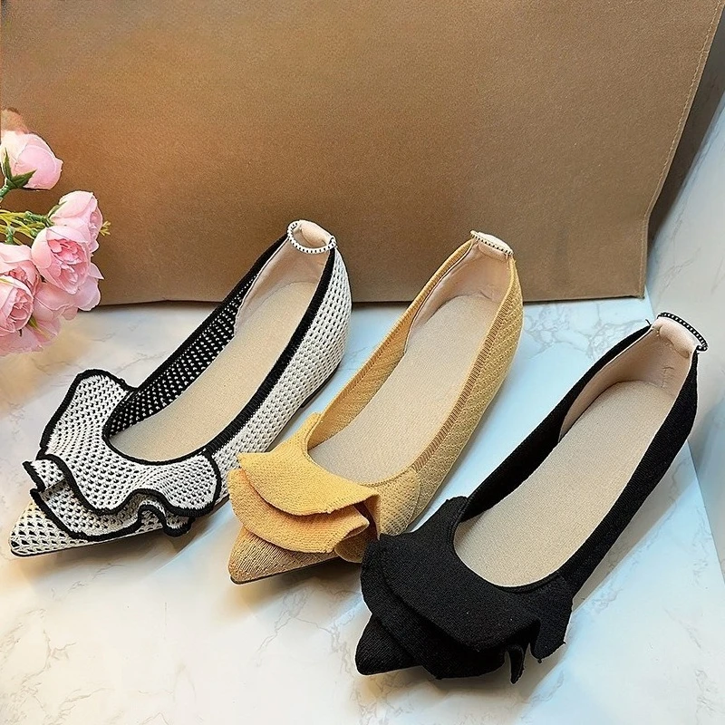 

Comfortable Pointed-Toe Knit Brand Low-Heel Pumps for Women Fashion Pleated Design Flats Elegant Commuter Soft-Sole Office Shoes