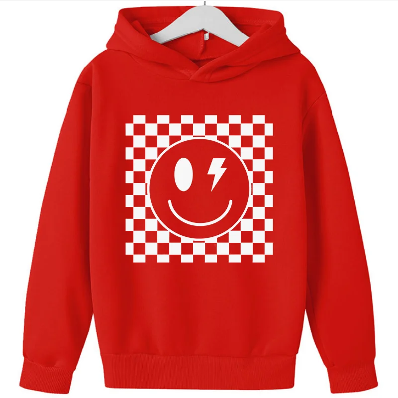 Kids Hoodie Checkerboard Lightning Smiley Face Print Long Sleeve Pullover Casual Boys Girls Hooded Sweatshirt Daily Tops