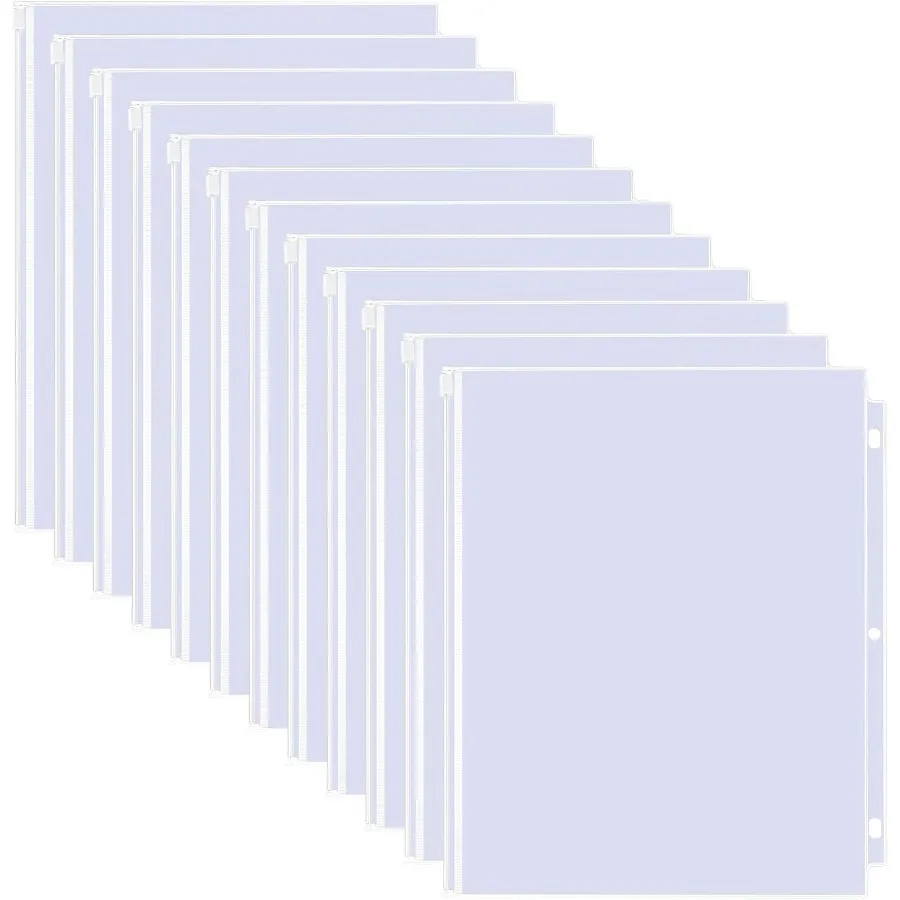 

12 упаковок карманов для переплета размером с буквами, 3 отверстия, 11,4 x 9,5 дюйма, папки на молнии для 3-х кольцевых переплетов, водонепроницаемые прозрачные папки из ПВХ