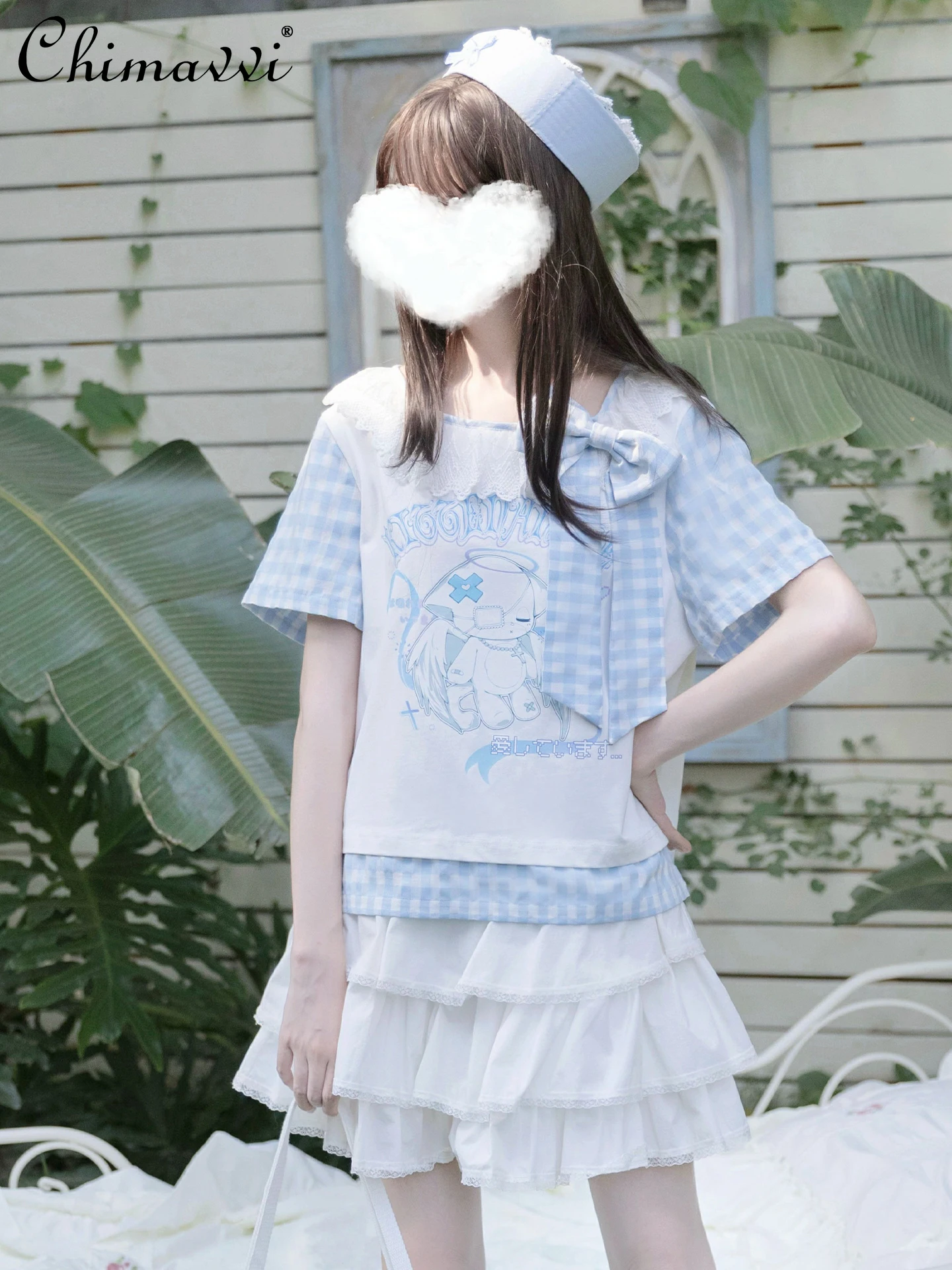 

Original Printed Cute Skirt Set 2025 Summer New Fashion Sweet Bow Short-sleeved Loose T-shirt Top Skirt Girl Women Two-piece Set