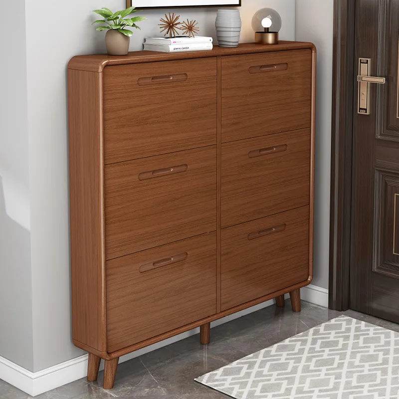Pure solid wood shoe cabinet ultra-thin large-capacity household door small apartment tipping bucket type simple modern foyer