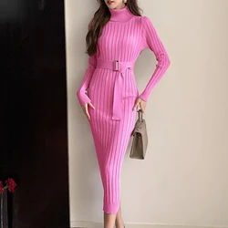 YuooMuoo Chic Fashion Sexy Package Hips Rib Knitted Bodycon Dress 2024 Autumn Winter Turtleneck Belt Sweater Dress Long Vestidos