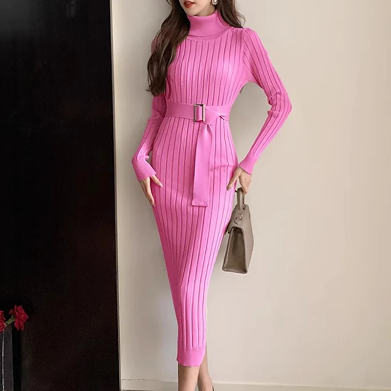 YuooMuoo Chic Fashion Sexy Package Hips Rib Knitted Bodycon Dress 2024 Jesienno-zimowa sukienka z golfem i paskiem Sweter Sukienka długa Vestidos