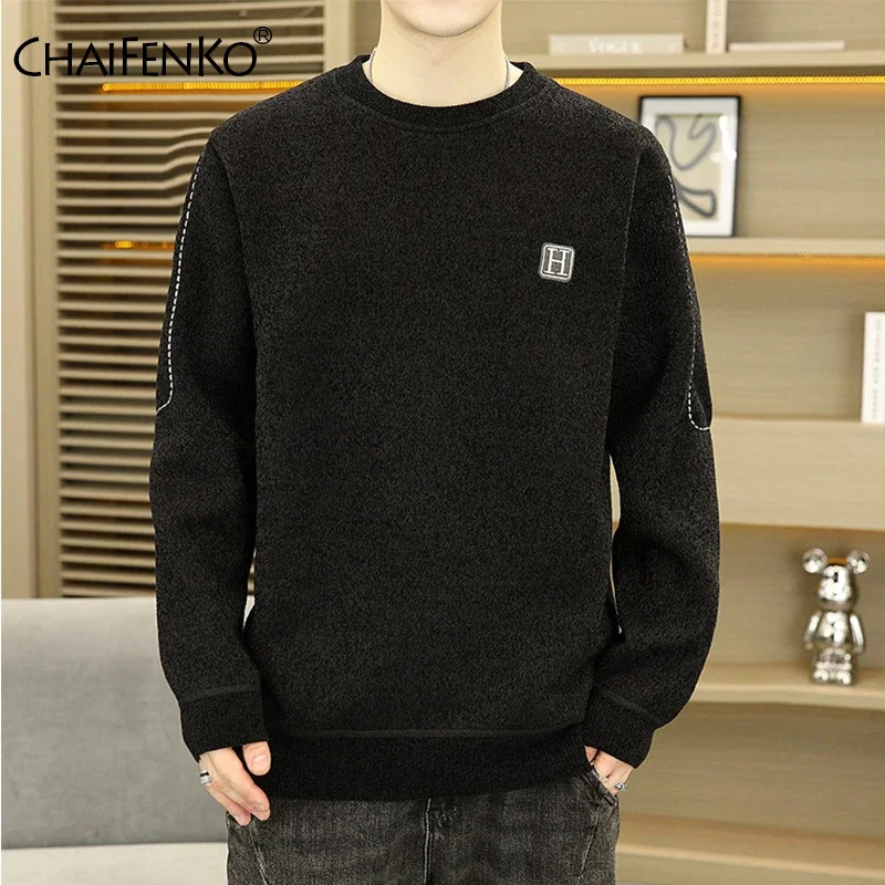 Man Round Neck Sweater Autumn Winter Keep Warm Thickening Comfort Pullover New Fleece Versatile Casual Solid Knitted Tops Man