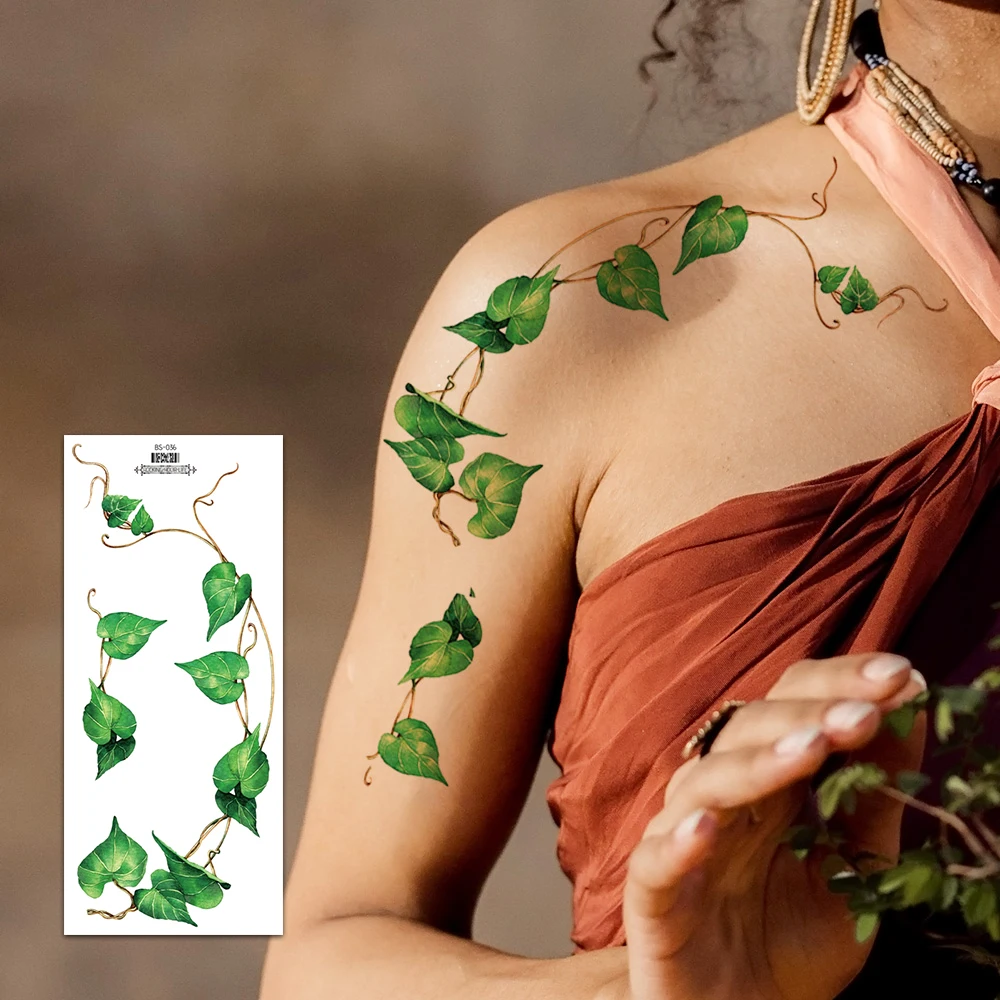 4 Sheets Large 3D Green Leaves Temporary Tattoo Stickers for Women Green Leaf Watercolor Design Waterproof Art Fake Tattoos