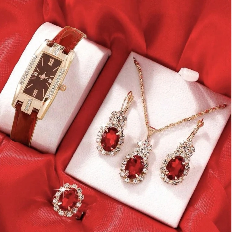 Kegllect женские часы в стиле барокко со стразами, кварцевые часы, прямоугольная стрелка, аналоговые наручные часы и комплект ювелирных изделий из 4 предметов, подарок для мамы и нее