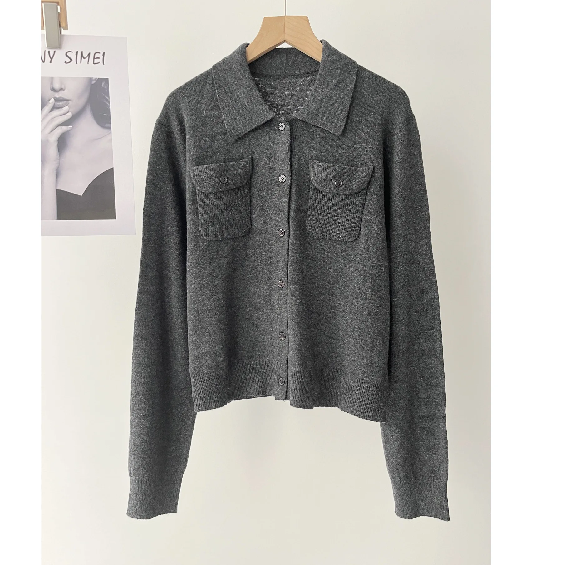

Women's Grey Textured Knitted Lapel Cardigan Sweater Autumn and Winter 16a-1923
