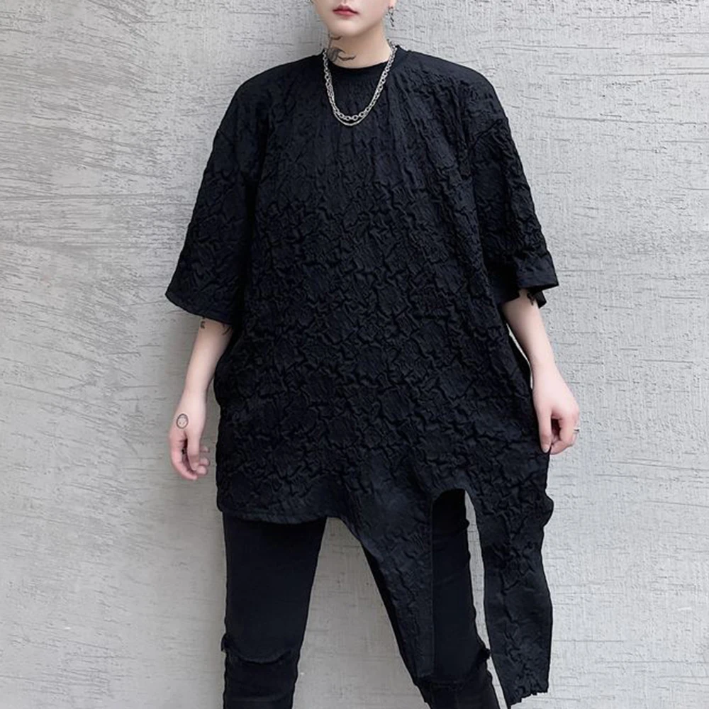 2026 Summer New Men's Solid Color Pleated Textured Short-Sleeve T-Shirt American Retro Fashion Trendy Casual Niche Men's Tops