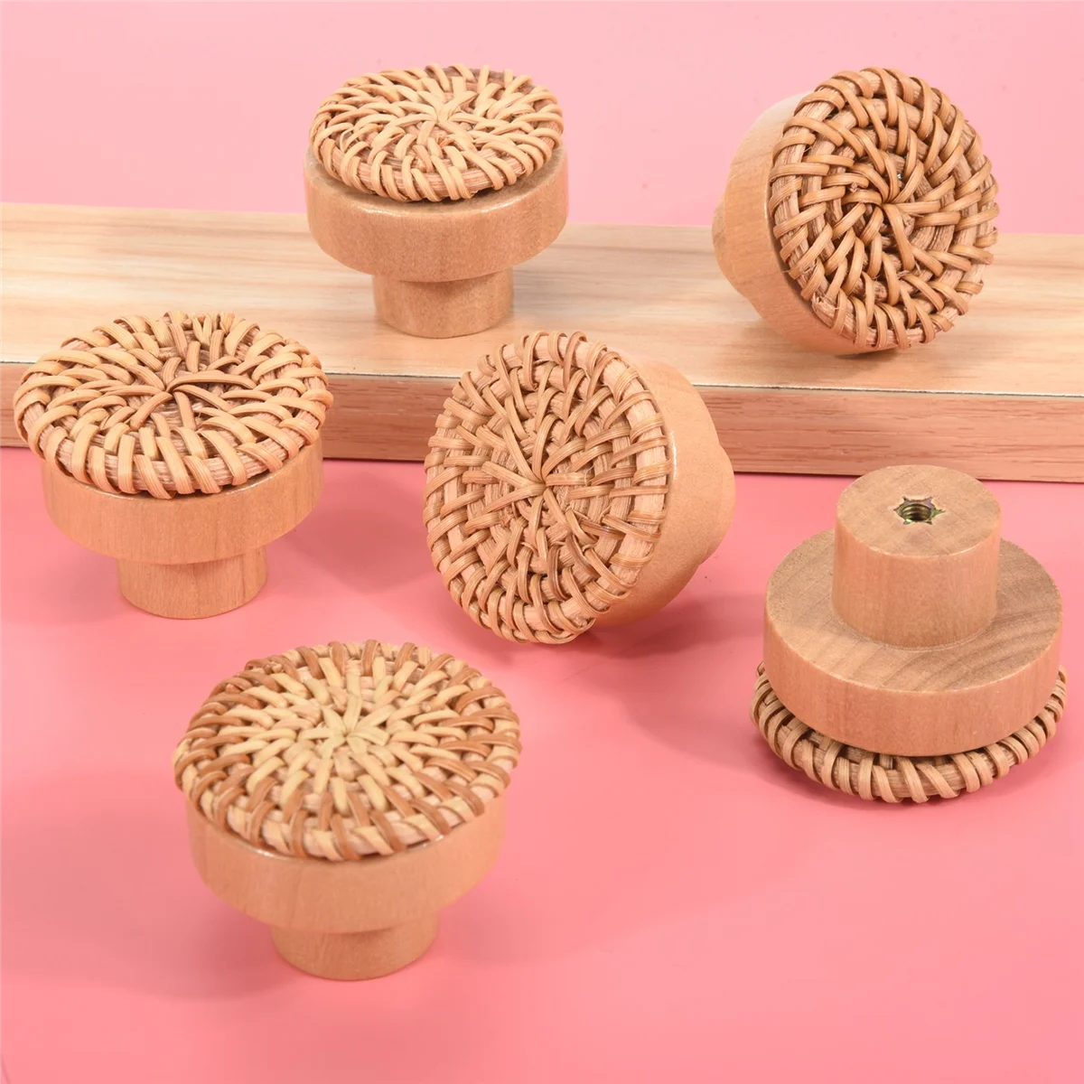 Boho Rattan Dresser Knobs Round Wooden Drawer Knobs Handmade Wicker Woven and Screws for Boho Furniture Knobs 12Pcs