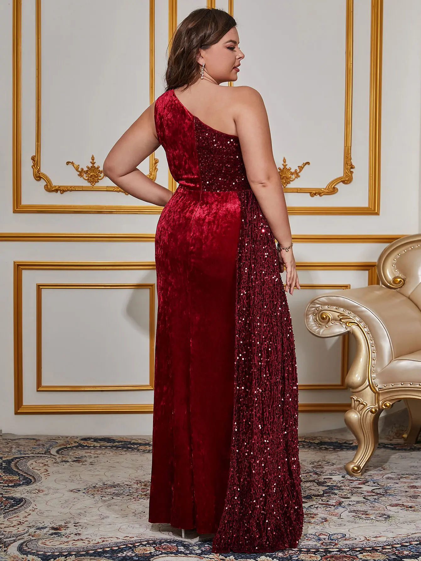 Red Sequins Splicing Dresses Fashion Plus Size Women Slant Shoulder Sleeveless Elegant Party Dresses Wedding Guest Evening Gowns