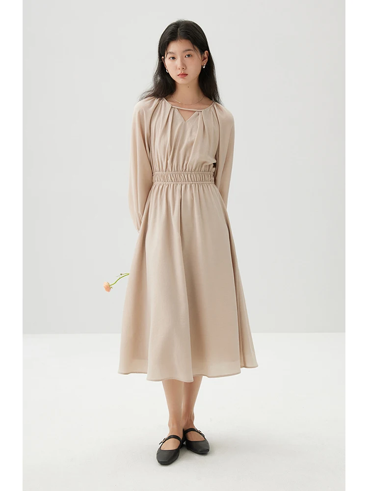 ZIQIAO Petite French Elegant Waist Slim Mid length Dress for Women's 2024 Spring Dress New Style Khaki Skirt 24ZQ91223