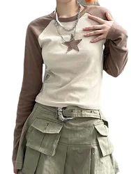 Vintage Star Brown Crop Tops Women Hippie Korean Fashion Patchwork Slim Top Harajuku Long Sleeve T-shirts Female