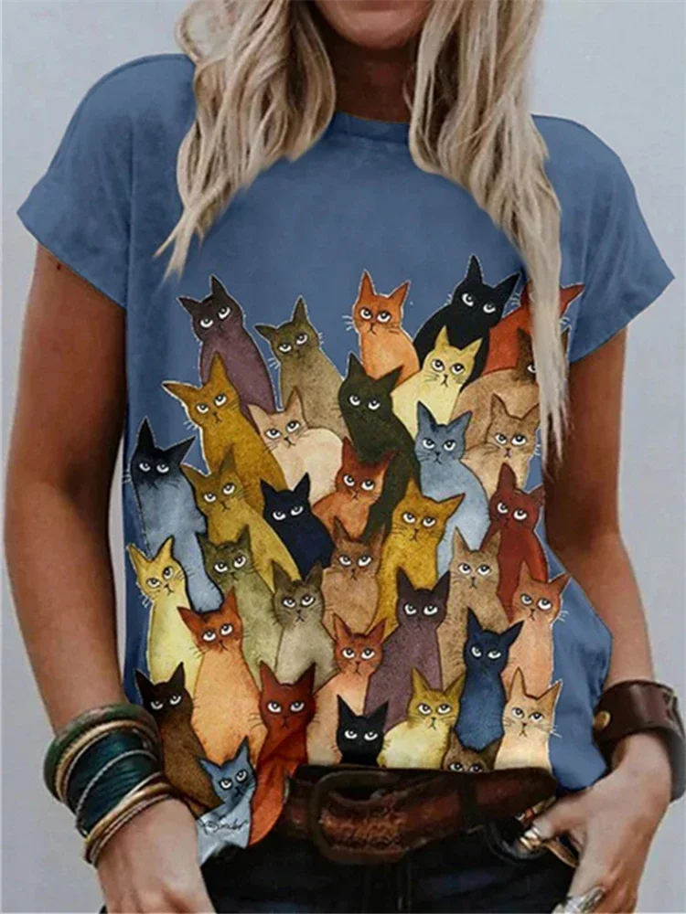 2024 New Fashion Ladies Street Hipster 3D Abstract Cartoon Cat t-shirt Casual a maniche corte O collo allentato Top ad asciugatura rapida 6XL