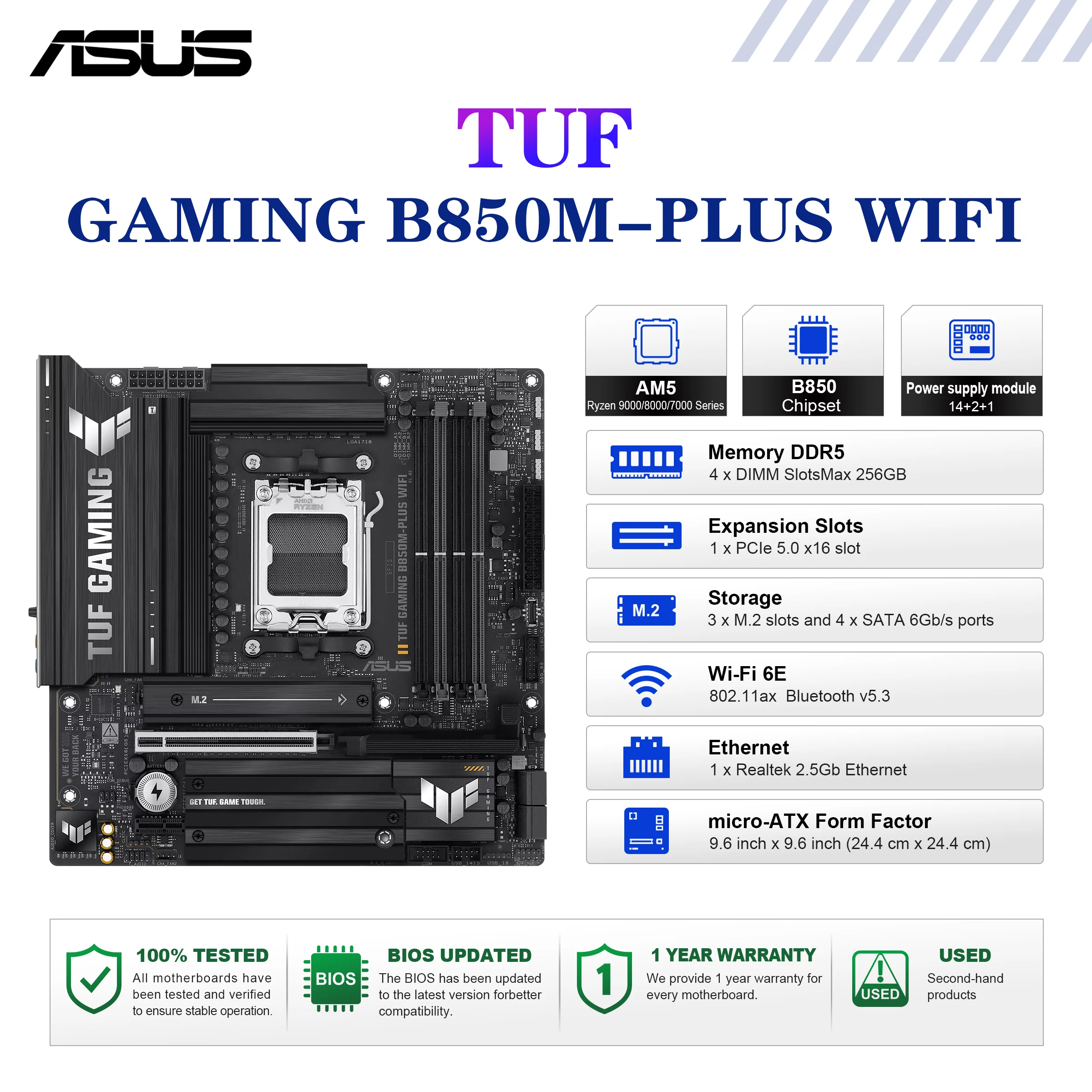 ASUS TUF GAMING B850M-PLUS WIFI 마더보드 소켓 AM5 CPU DDR5 8000+MT/s(OC) 메모리 칩셋 B850 MATX 메인보드