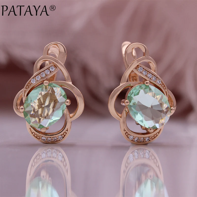 PATAYA Hot Shiny Oval Green Natural Zircon English Earrings for Women 585 Rose Gold Color High Quality Daily Fine Ethnic Jewelry