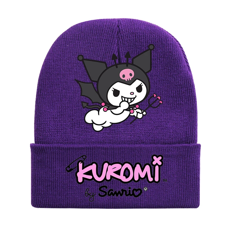 AliExpress UK MINISO Sanrio Kuromi Knitted Hat Anime Cartoon Print Woolly Cap Girls Winter Outdoor Cycling Leisure Hats Kawaii Thermal Caps Kids Gift