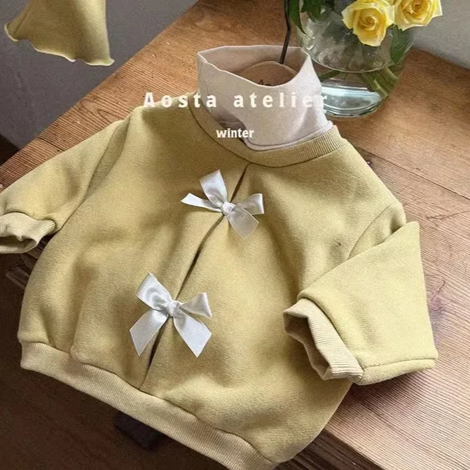 2025 Spring New Children Long Sleeve Clothes Set Girls Solid Bow Bottoming Tops + Flared Pants 2pcs Suit Kids Cotton Outfits