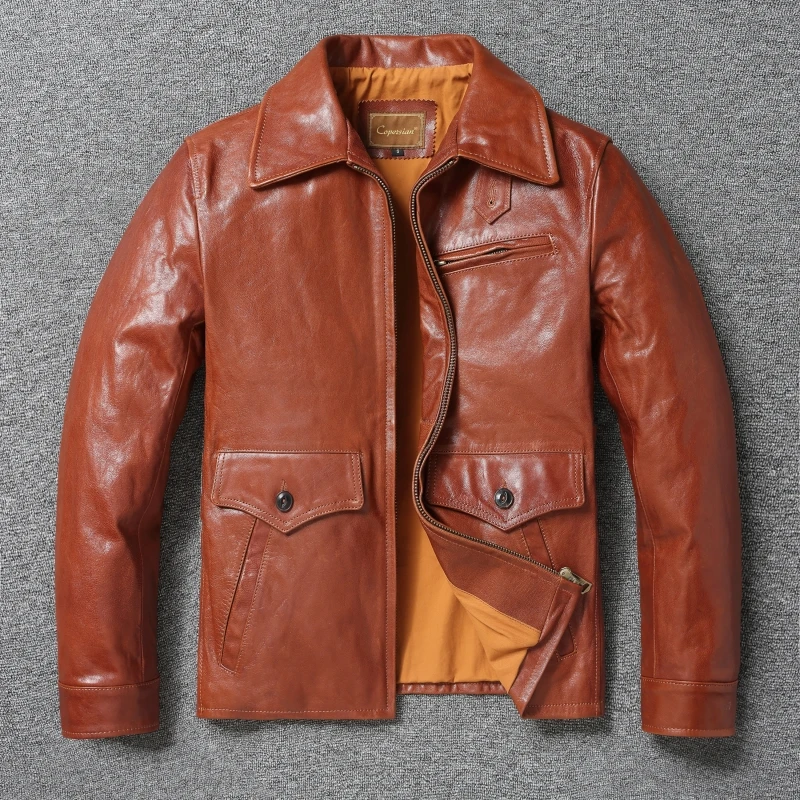 

Brown Uncoated Cow Leather Jacket for Men Orange Natural Sheepskin Men's Leather Coat Spring Autumn