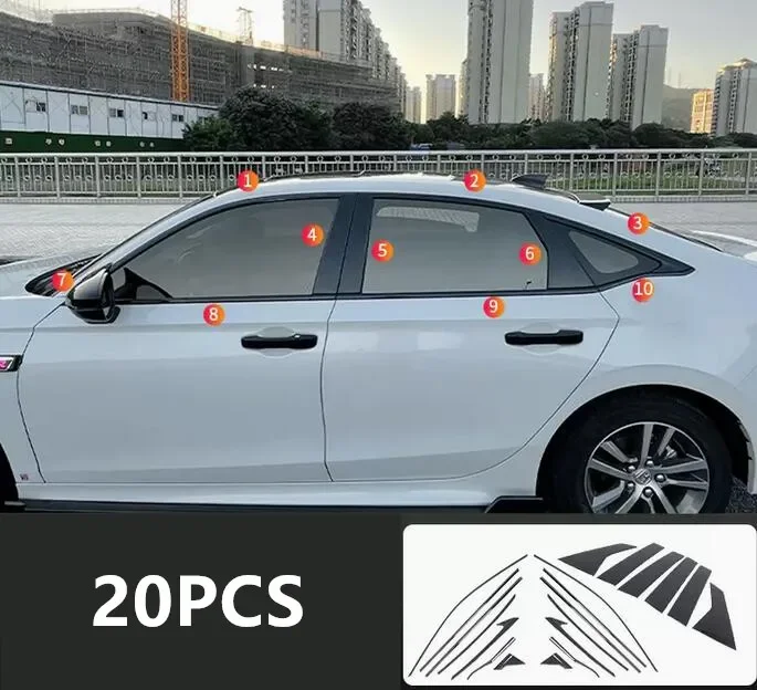 Black Full Window Sill Door Frame Center Pillars Molding Trims Cover For Honda Civic 2022 2023 2024