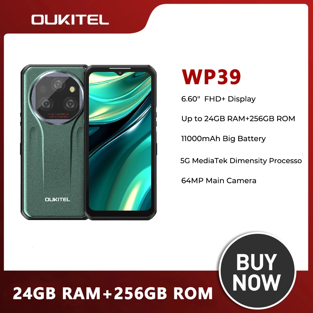 Oukitel wp39 wytrzymały smartfon 6.60 "FHD + 5G 24 GB (6 +18) + 256 GB kamera 64 MP 11000 mAh telefon komórkowy Android 14 wersja globalna