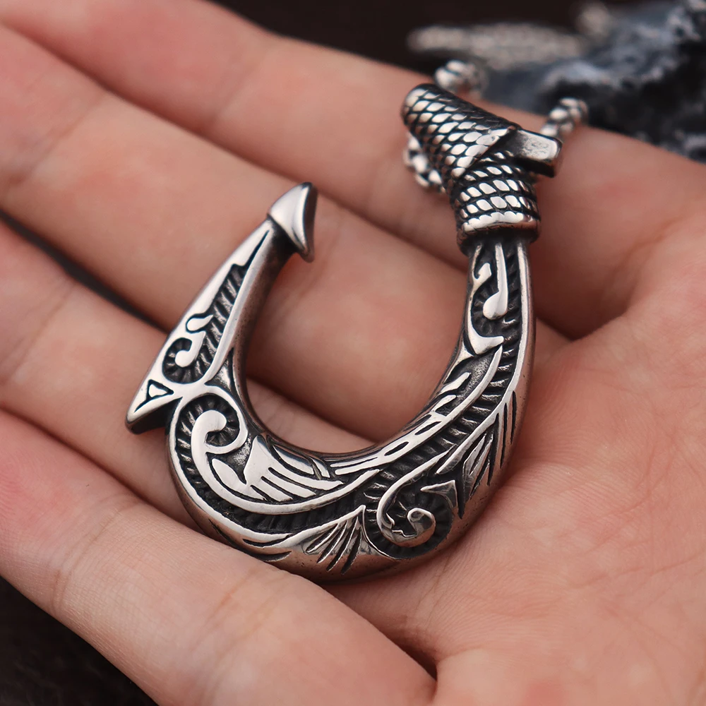 Punk Hip Hop Fish Hook Pendant Personality Stainless Steel Norse Viking Amulet Necklaces for Men Biker Jewelry Gift Dropshipping