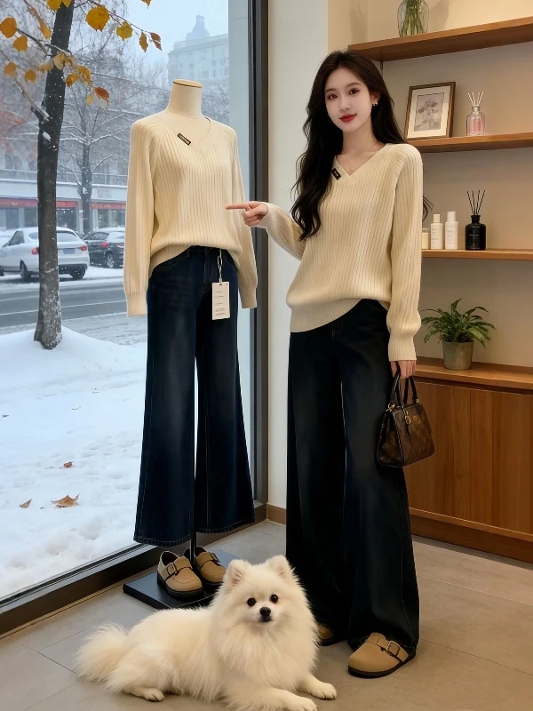 

Теплый вязаный топ с V-образным вырезом для женщин больших размеров, осенне-зимний, с уникальным полосатым дизайном, красивая внутренняя одежда для девушек