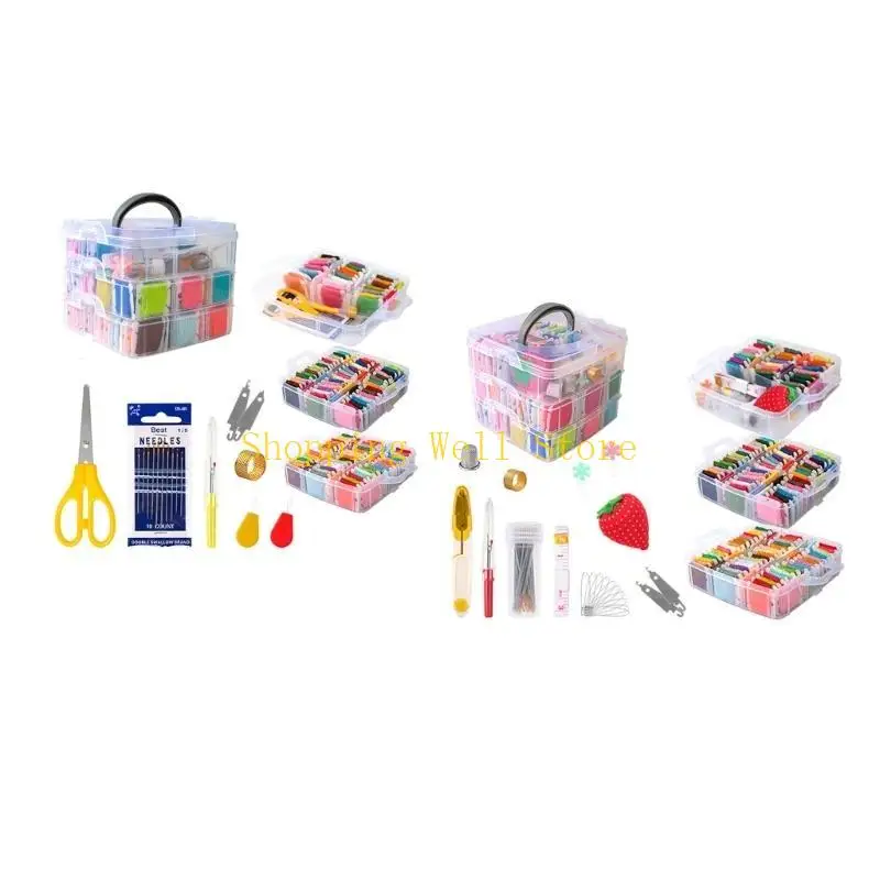 

KX4B 2 Sets Embroidery Thread 150 Colored Thread Embroidery Set and Tools with 3-layer Storage Box for DIY Crafts