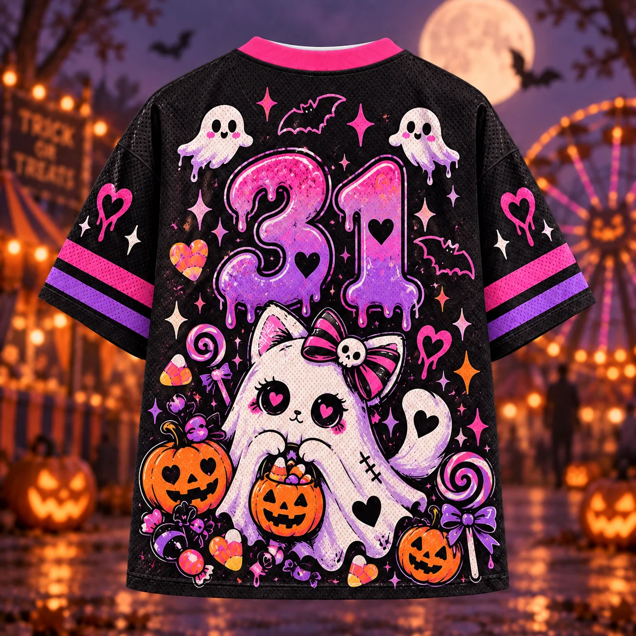 Ghost Cat 31 Halloween Oversized Mesh Jersey, Sweet Spooky Ghost Kitten Pumpkin Candy Bat Print V‑Neck Short Sleeve Streetwear