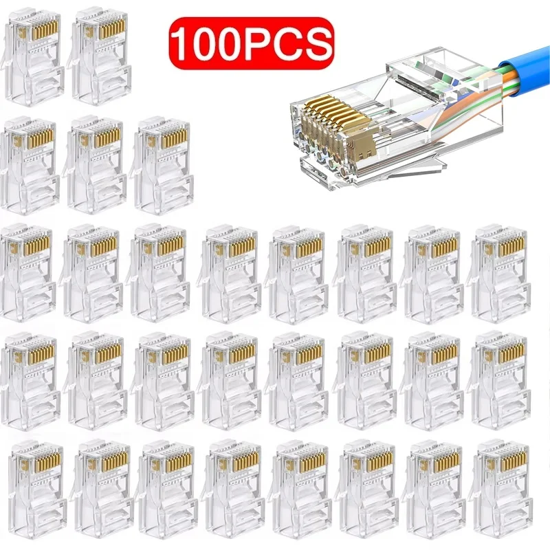 100pcs RJ45 CAT6 CAT5e Pass Through Connector Plug Crystal End Gold-Plated 8P8C Crimp UTP Standard Ethernet Network Modular Plug