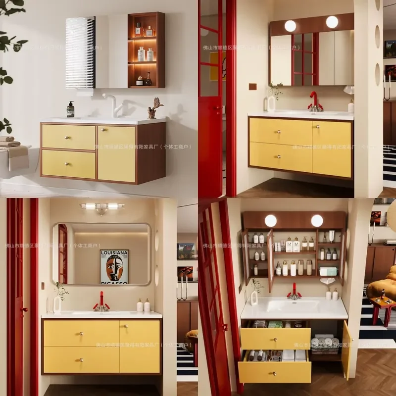 Oak Solid Wood Double Bathroom Vanity with Ceramic Integrated Sink Antique Style Contrasting Color Washbasin Cabinet